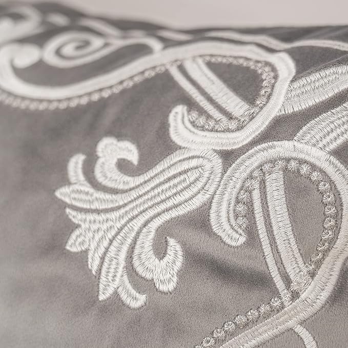 Aeckself European Floral Pillow Cover 16x16 Inch, Luxury Velvet Embroidered Decorative Throw Pillow Cover for Couch Bedroom Living Room, Grey and White