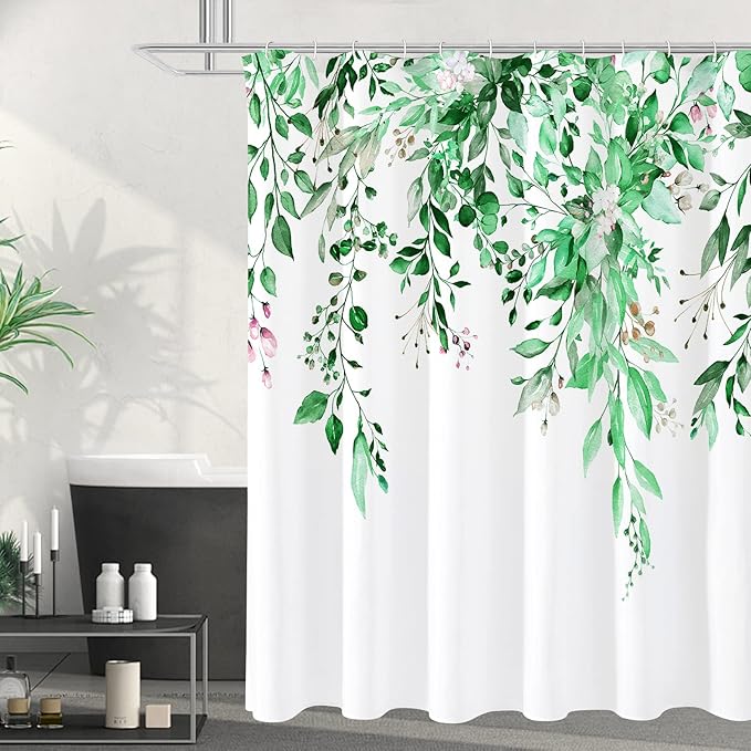 Gibelle Extra Long Shower Curtain 72 x 84, Emerald Green Floral Shower Curtain for Bathroom, Watercolor Plant Eucalyptus Leaves Fabric Shower Curtain Set with Hooks