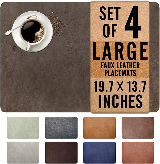 UnivoColors Washed Cowhide Pattern Faux Leather Big Size Placemats Set of 4, Waterproof Easy to Clean Anti-Slip PU Table Mats for Party Decoration19.7″×13.6″,Black Brown Retro Cowhide Pattern