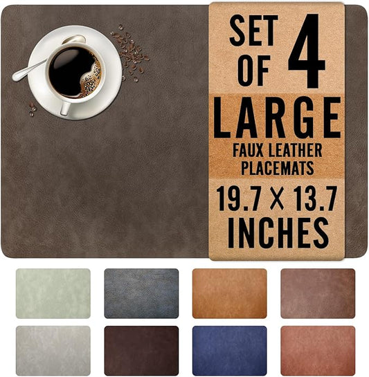 UnivoColors Washed Cowhide Pattern Faux Leather Big Size Placemats Set of 4, Waterproof Easy to Clean Anti-Slip PU Table Mats for Party Decoration19.7″×13.6″,Black Brown Retro Cowhide Pattern