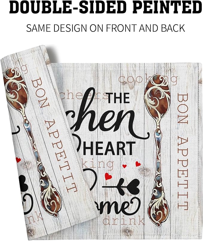 Giwawa The Kitchen is The Heart of The Home Placemats Set of 4, 12x18 Inch Farmhouse Vintage Style Cooking Sets Linen Table Place Mats Non-Slip Heat Resistance for Kitchen Dining Party Decor