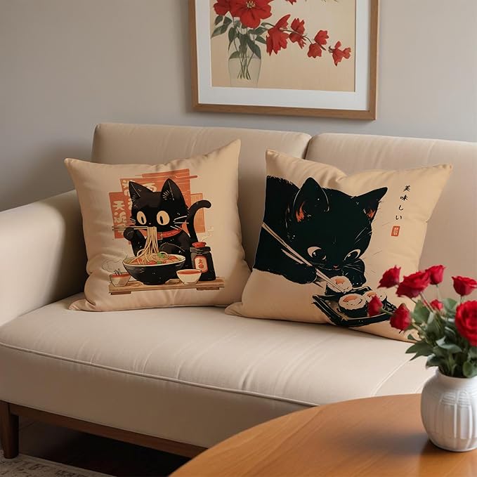 Funny Vintage Black Cat Japanese Sushi Ramen Noodles Pillow Covers 18x18 Set of 2, Aesthetic Black Cat Art Painting Decor Pillow Covers for Room Bedroom