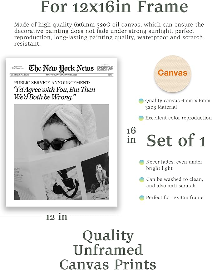 EcoHest Unframed Trendy Newspaper Wall Art, 12x16 in OAK Wood Cool Girl Canvas Art Posters, Magazine Bar Cart Print College Dorm Decor, Beige Logs Set of 1 for Bedroom Living Room