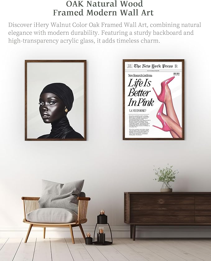 iHery Natural OAK Wood Fashion Black Girl Walnut Color Framed Wall Art, 12x16 in Black and White Modern Hijabi Canvas Wall Decor, Trendy Afro Art For Bedroom Bathroom Living Room 1Pack