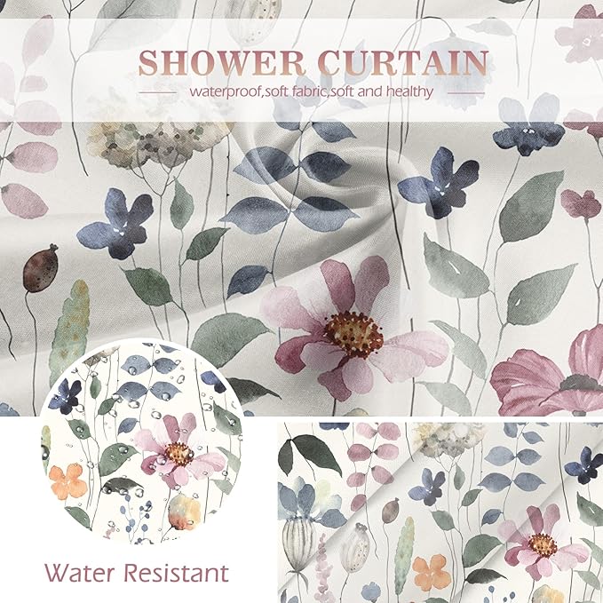 Aimego Spring Floral Shower Curtain -Colorful Watercolor Ink Flowers Plant Summer Nature Botanical Fabric Cloth Bath Shower Curtain Set with 12 Hooks for Bathroom Decor Accessories, 72"x72"