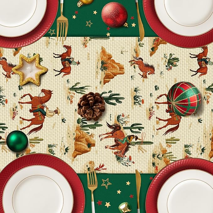 Western Boy Horse Burlap Table Runner Seasonal Spring Fall Kitchen Dining Linen Table Decoration for Indoor Outdoor Home Party Dinner 13x72 Inch