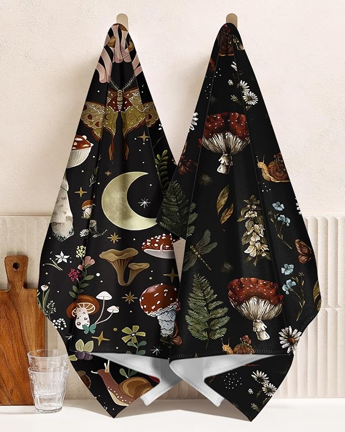 Microfiber Kitchen Towels - Set of 2 Dish Towels for Kitchen 18 x 26 Inch Home Decoration Black Mushroom Cute Spring Hand Towels Soft & Absorbent Aesthetic Design