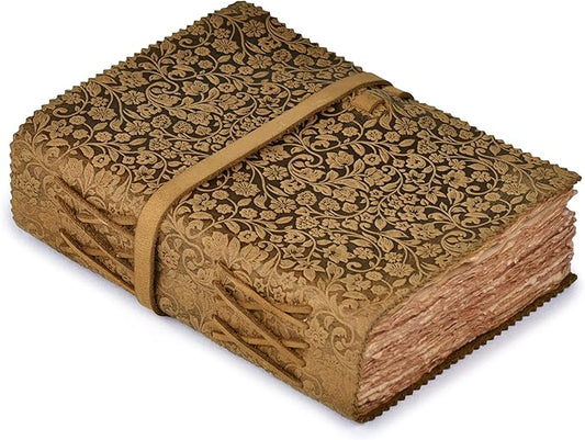 LEATHER VILLAGE Leather Bound Floral Embossed Journal for Women Men - 200 Pages, 13X8 Inches, Suntan - Book of Shadows, Vintage Blank Paper Travel Diary, Notebook for Writing, Drawing, Sketchbook