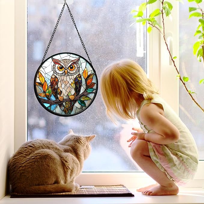 Stained Glass Window Hanging, Owl Colorful Leaves Birds Sun Catchers Diamond Glass Panel Hangings Suncatcher Decor for Birthday for Women, Men, Wife, Aunt, and Mom 7.8 in