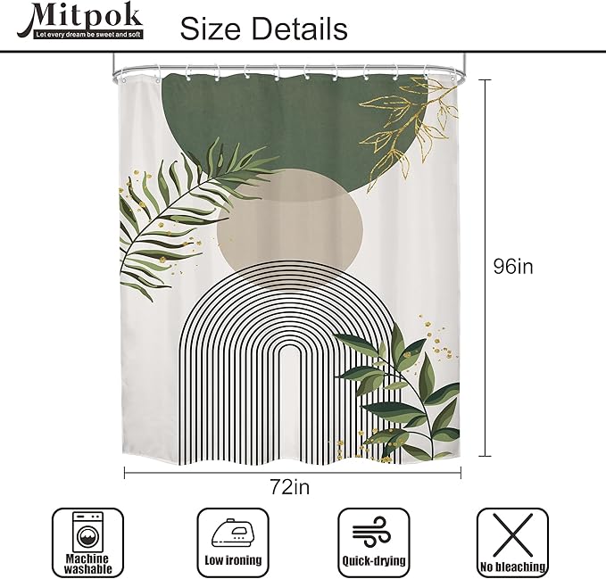 Green Boho Shower Curtain 72Wx96H Extra Long Mid Century Modern Abstract Green Gold Minimalist Leaves Sun Arch Bathroom Decor Geometric Plant Bath Curtain Fabric Polyester 12 Pack Hooks