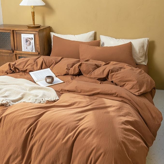 FOSSA Linen Duvet Cover Set 100% Washed Cotton Linen Feel Super Soft Breathable Cozy Simple Style 3 Pieces Bedding Sets Solid Dark Orange Queen