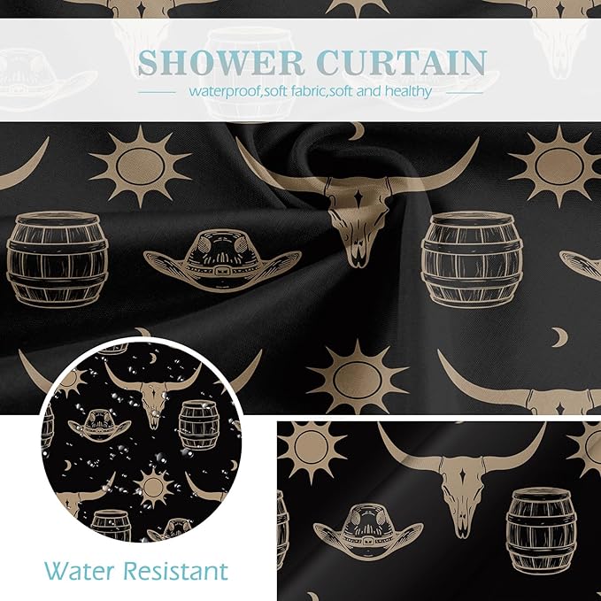 Aimego Western Bull Skull Shower Curtain - Black and Gold Cow Boho Southwest Cowboy Ethnic Tribal Country Farmhouse Fabric Cloth Shower Curtains Set with 12 Hooks for Bathroom Decor, 72"x72"