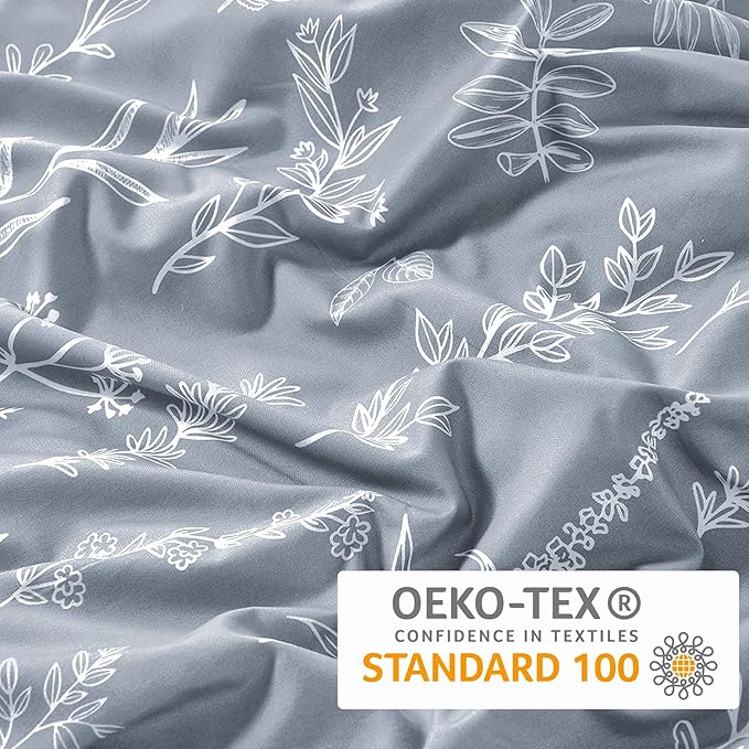 MUXHOMO Duvet Cover Queen Size, Reversible Floral Grey Duvet Cover Set with Zipper Closure, 3 Pieces Botanical Patterns Soft Microfiber Bedding Set with 4 Ties (90"x90", 2 Pillow Cases)