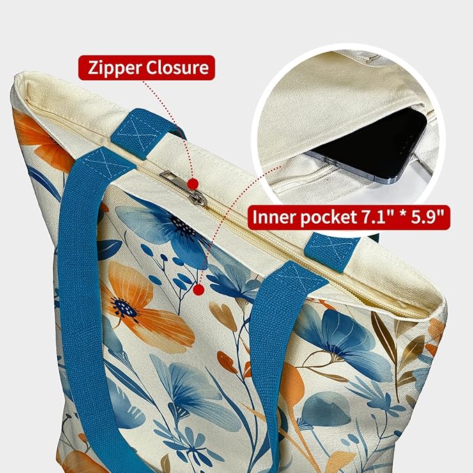 Tote Bag for Women, Reusable Zippered Canvas Bag with Handles Pocket Thick Canvas, for Grocery Shopping Beach Gift