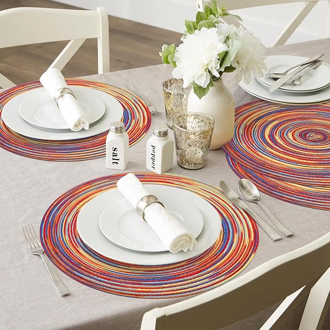 SHACOS Round Braided Placemats Set of 6 Table Mats Colorful Place Mats for Dining Tables Holiday Party Decor (Rainbow Red, 6)