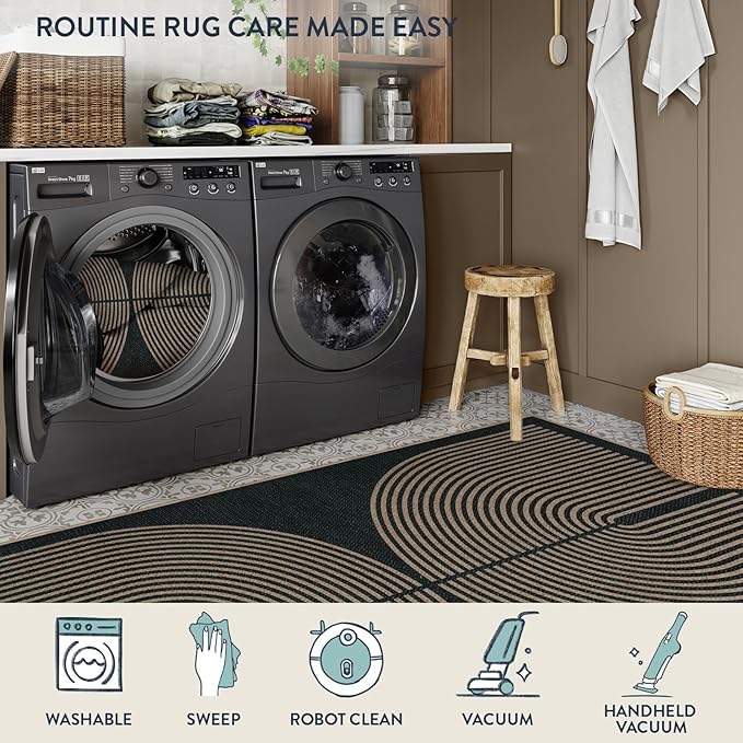Lahome Modern Rainbow Easy Jute Carpet, Washable 5x7 Area Rugs for Living Room Patio Black Farmhouse Indoor Outdoor Rugs, Contemporary Natural Non Slip Floor Carpet for Office RV Backyard