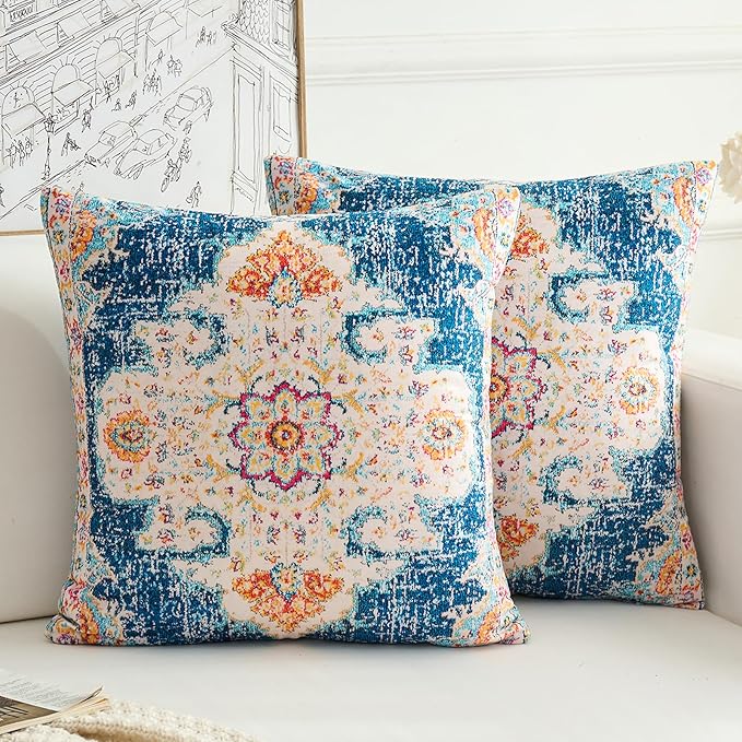 Boho Throw Pillow Covers 20x20 inch Set of 2,Boho Vintage Carpet Pattern Antique Ethnic Decor Double Sided Pattern Cushion Cover Soft Pillow Case Living Sofa Room Bed Square Pillow Cover