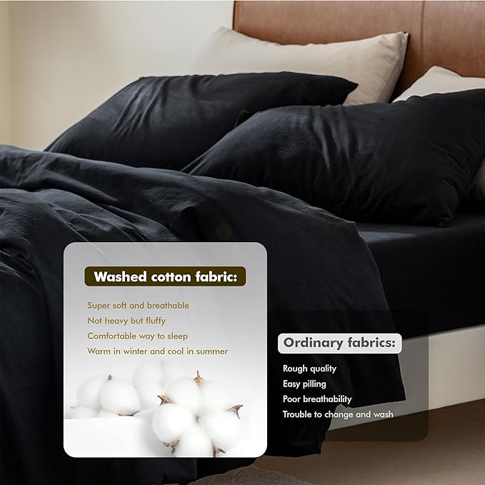 FOSSA Duvet Cover Set 100% Washed Cotton 2 Pieces Bedding Set Twill Soft Cozy Breathable Sturdy Substantial with Textured Weave Solid Black Twin/Twin XL