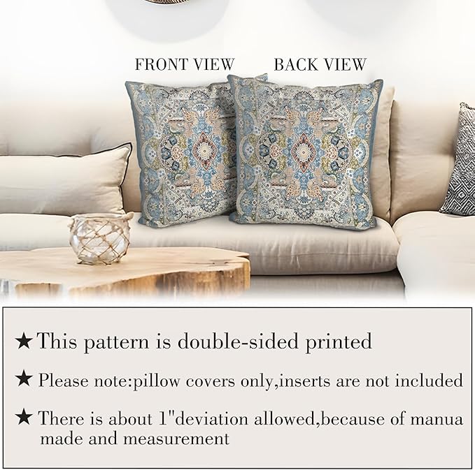 Boho Floral Throw Pillow Covers 16x16 inch Set of 2,Blue Boho Rug Geometric Floral Pattern Decor Double Sided Pattern Cushion Cover Soft Pillow Case Living Sofa Room Bed Square Pillow Cover