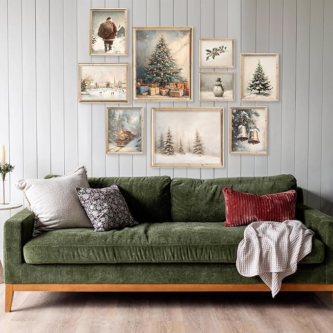ASTRDECOR Vintage Christmas Wall Art, 9-Piece Winter Holiday Poster Set, Santa, Snowman, Pine Tree Prints for Cozy Xmas Room Décor, Largest 11"x14", Multi Sizes, Christmas Picture Decorations Unframed