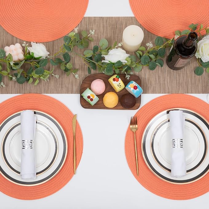 SHACOS Round Braided Placemats Set of 6 Washable Cotton Polyester Round Placemats for Kitchen Table 15 inch Round Table Mats (Coral, 6)