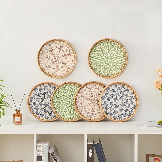 Round Rattan Tray for Home Decor 11.8 inch, Modern and Boho Decor Serving Tray with Mother of Pearl Inlay, Wicker Basket for Coffee Table, Hand Woven Decorative Tray Plates (Gold)