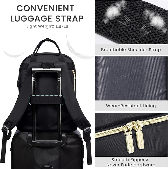 LOVEVOOK Laptop Backpack Women Teacher Backpack,15.6 Inch Laptop Bag with USB Port,Waterproof Daypack for Work Travel,Black