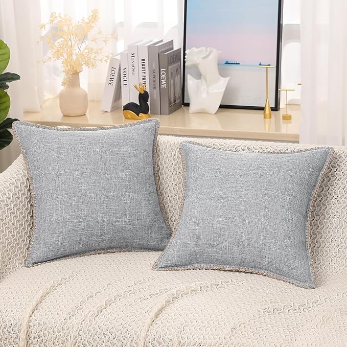 decorUhome Decorative Outdoor Throw Pillow Covers 18x18 Set of 2, Square Linen Rustic Neutral Farmhouse Euro Pillow Covers with Stitched Edge for Couch, Sofa, Living Room, Light Grey