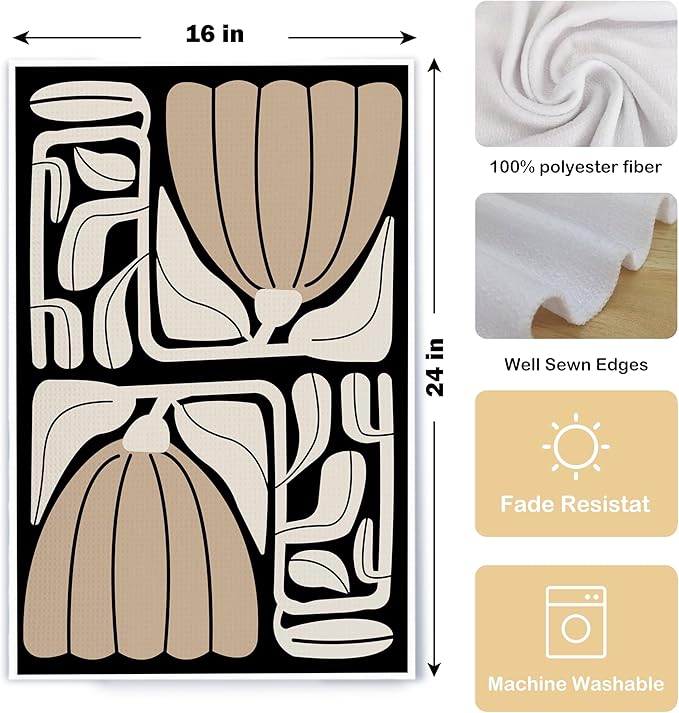 Abstract Boho Neutral Taupe and Beige Floral Kitchen Towels Set of 2, Retro 70s Groovy Floral Hand Towels for Bathroom, Modern Minimalist Botanical Dish Tea Towels for Kitchen Decor, 16x24 Inch