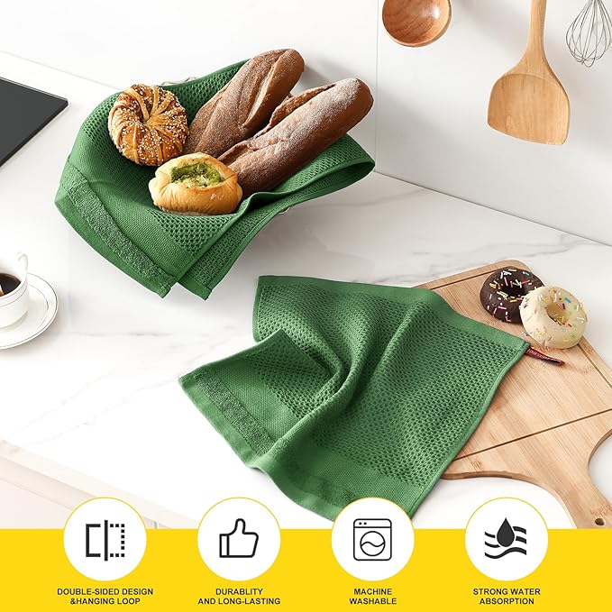 Homaxy Kitchen Towels and Dishcloths Set, 12 x 12 and 13 x 28 Inches, Set of 8 100% Cotton Waffle Weave Kitchen Towels, Super Soft and Absorbent Dish Cloths, Grass Green