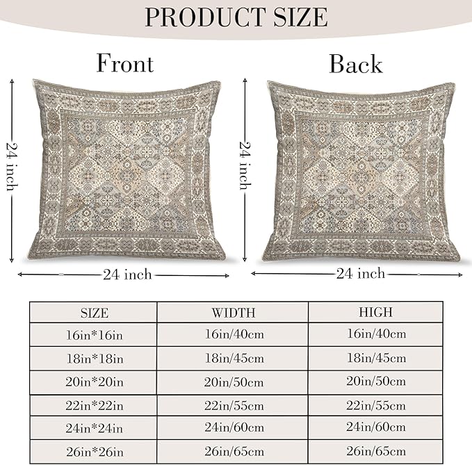 Boho Floral Throw Pillow Covers 24x24 inch Set of 2,Boho Rug Geometric Floral Pattern Decor Double Sided Pattern Cushion Cover Soft Pillow Case Living Sofa Room Bed Square Pillow Cover