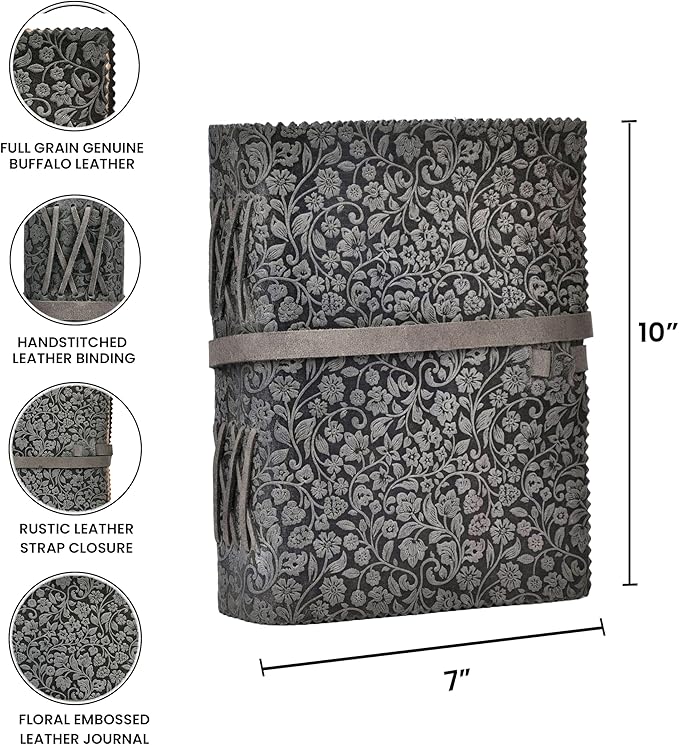 LEATHER VILLAGE Leather Bound Floral Embossed Journal for Women Men - 200 Pages, 10X7 Inches, Black - Book of Shadows, Vintage Blank Paper Travel Diary, Notebook for Writing, Drawing, Sketchbook