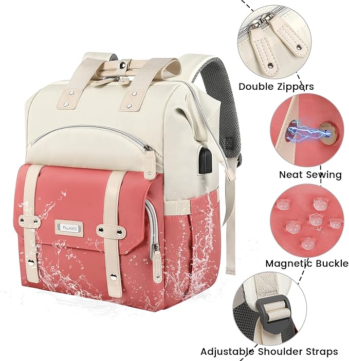 FALANKO Laptop Backpack for Women,Teacher Doctor Nurse Work Purse Bag for 15.6 Inch Laptop, Wide Open backpack With USB Charging Port RFID Pocket, Large, Water Resistant, White-Pink