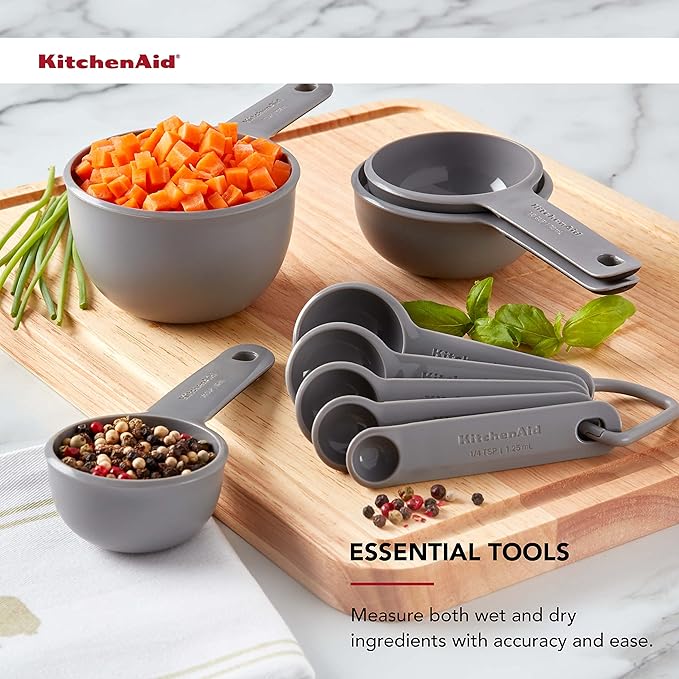 KitchenAid Universal Easy To Read Measuring Cup and Spoon Set with Soft Grip Handle for Maximum Control, Hang Hole and Nesting For Easy Storage, Dishwasher Safe, 9 Piece, Gray