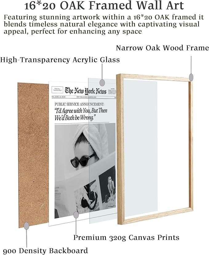 EcoHest Trendy Newspaper Framed Wall Art, 16x20 in Large OAK Wood Cool Girl Canvas Art, Magazine Bar Cart Print College Dorm Decor, Beige Logs Set of 1 for Bedroom Living Room