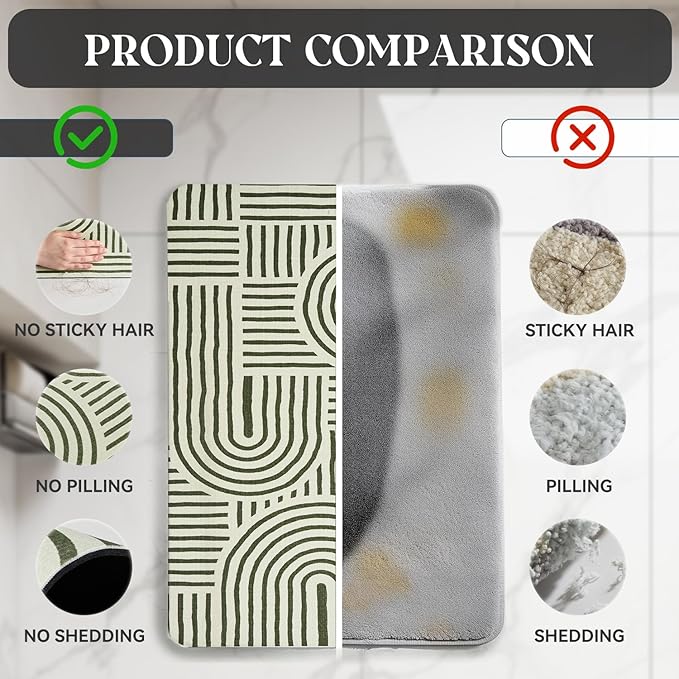 MontVoo -Bath Mat-Non Slip Thin Bathroom Rugs Fit Under Door- Quick Dry Absorbent Faux Suede Surface Grey Bathroom Floor Mats-Shower Rug for in Front of Bathtub Shower Ivory & Green Arched 17x27.5