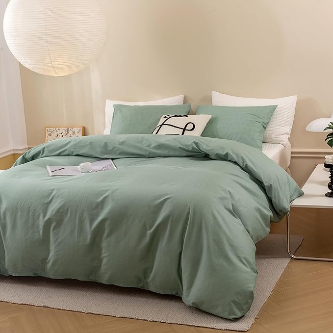 ECOCOTT Duvet Cover Set, 100% Washed Cotton Linen-Like Textured Soft & Breathable, Durable Comfy Bedding Set for All Seasons (Mint Green, Queen)
