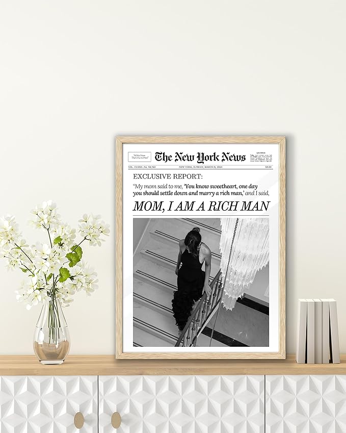 EcoHest Unframed Trendy Newspaper Wall Art, 12x16 in OAK Wood Mom I Am a Rich Man Canvas Art, Magazine Girly Poster College Dorm Decor, Beige Logs Set of 1 for Bedroom Living Room