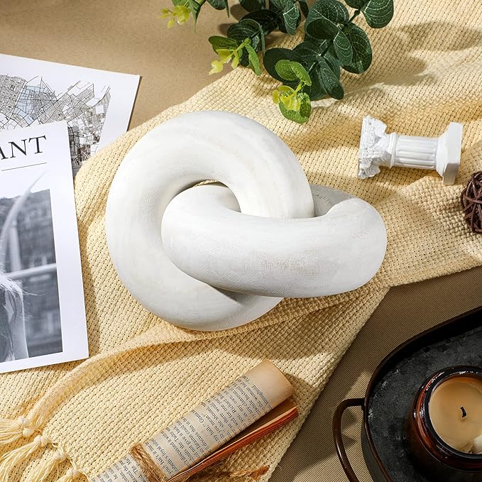 Yalikop 2 Link Wood Chain Link Decor Coffee Table Wooden Knot Decor Hand Carved Modern Farmhouse Ornament Boho Rustic Natural Chain Items for Home Living Room Bedroom Shelf Decorations(White)