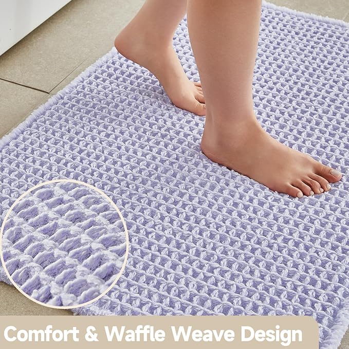 Waffle Bath Mat, Boho Bathroom Rugs Non Slip Washable Super Absorbent Quick Dry Cute Bath Mat Farmhouse Bathroom Decor, 48''x24'' Lavender Cream