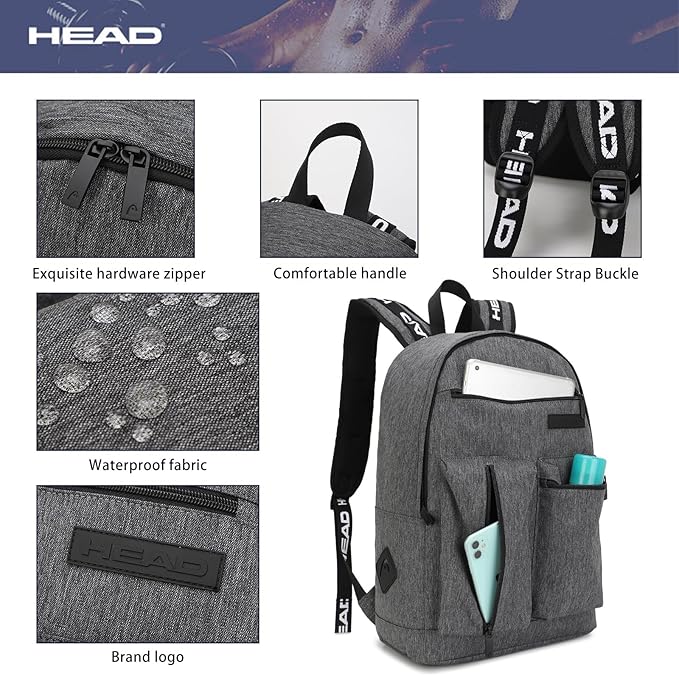 HEAD 30L Laptop Backpack for Men, Lightweight Work Backpacks Fits 15.6 inch Notebook, Waterproof Casual Daypack for Business/College/Travel/Daily, Gray