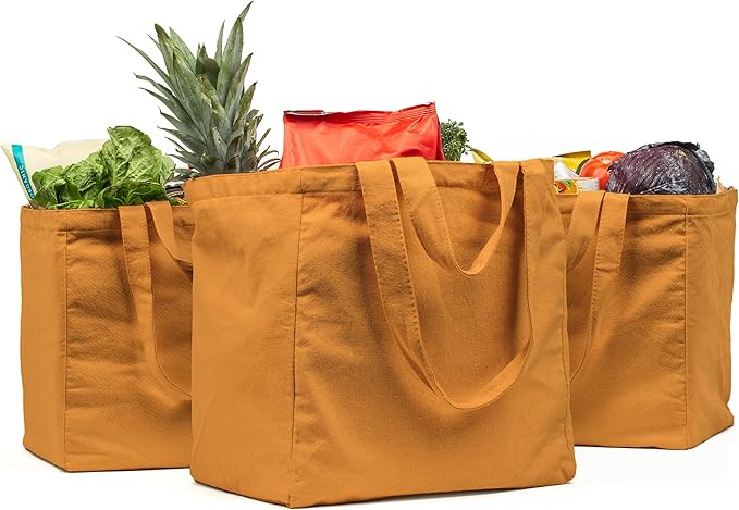 VeraMia Canvas Grocery Bag 3pc XL Set with Real Pockets, Long Shoulder Strap and Short Handle. Heavy Duty, Foldable, Washable