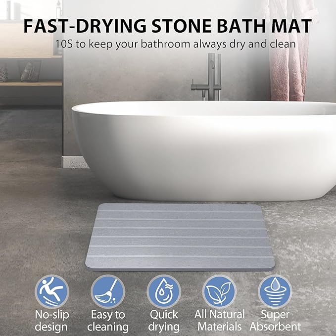 Absorbent Stone Bath Mat, Diatomaceous Earth Shower Mats, Non-Slip Water Absorbing Diatomite Stone Mat for Bathroom Floor, Quick-Drying Easy to Clean (23" x 16" Gray)