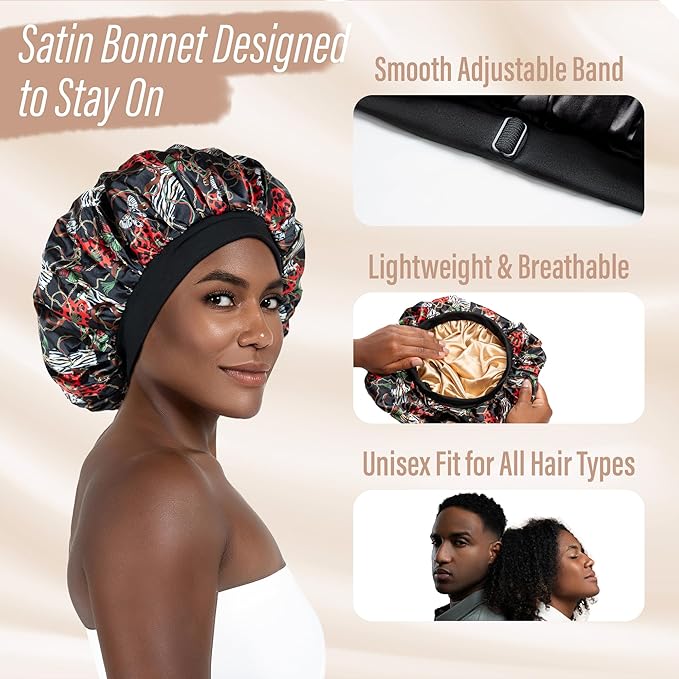 Satin Bonnet Adjustable Sleeping Silk Bonnet Black Women Men Double Layer Satin Silk Sleep Cap Hair Wrap Large Curly Hair