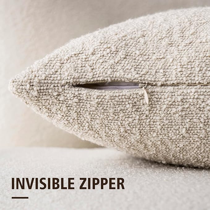 Foindtower Set of 2, Decorative Textured Boucle Throw Pillow Covers Accent Solid Pillow Cases Neutral Cozy Couch Cushion Case for Chair Sofa Bedroom Living Room Home Decor 26 x 26 Inch Ivory Beige