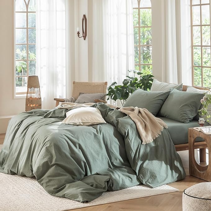 MooMee Bedding Duvet Cover Set 100% Washed Cotton Linen Like Textured Breathable Durable Soft Comfy (Heathered Green, Super King 108"x98")