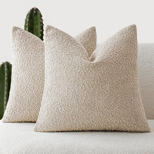 Foindtower Set of 2, Decorative Textured Boucle Throw Pillow Covers Accent Solid Pillow Cases Neutral Soft Cozy Couch Cushion Case for Chair Sofa Bedroom Living Room Home Decor 26 x 26 Inch,Oatmeal