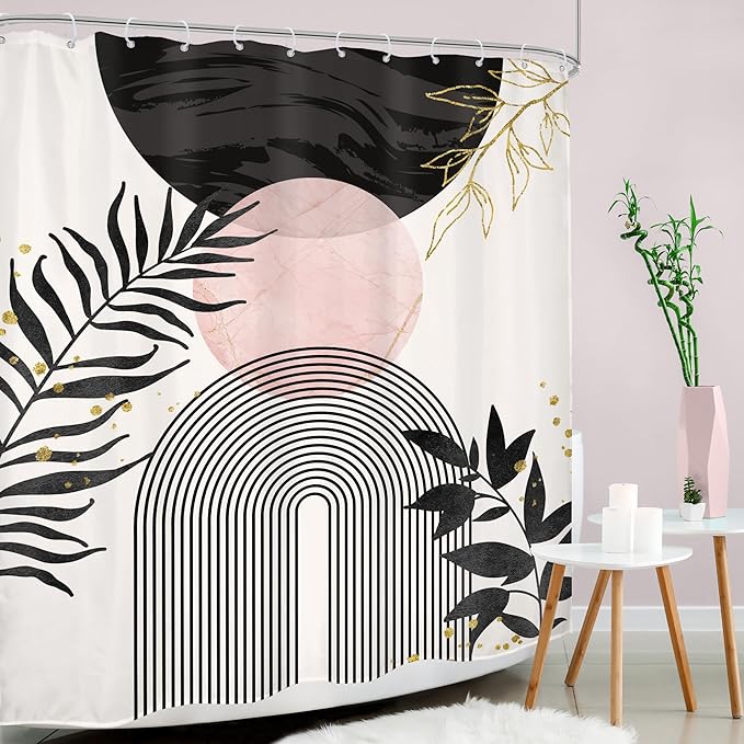 Black Pink Boho Shower Curtain Mid Century Modern Abstract Bohemian Minimalist Gold Leaves Sun Arch Geometric Plant 60Wx72H Bathroom Decor Neutral Bath Curtain Fabric Polyester 12 Pack Hooks