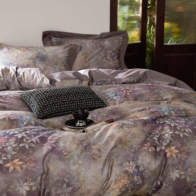 mixinni Vintage Floral Duvet Cover Set - Queen Size, 100% Long Staple Cotton Percale, Reversible Purple Floral Bedding Set with Zipper Closure, 3-Piece Luxury Duvet Cover with 2 Pillow Shams (20"x26")