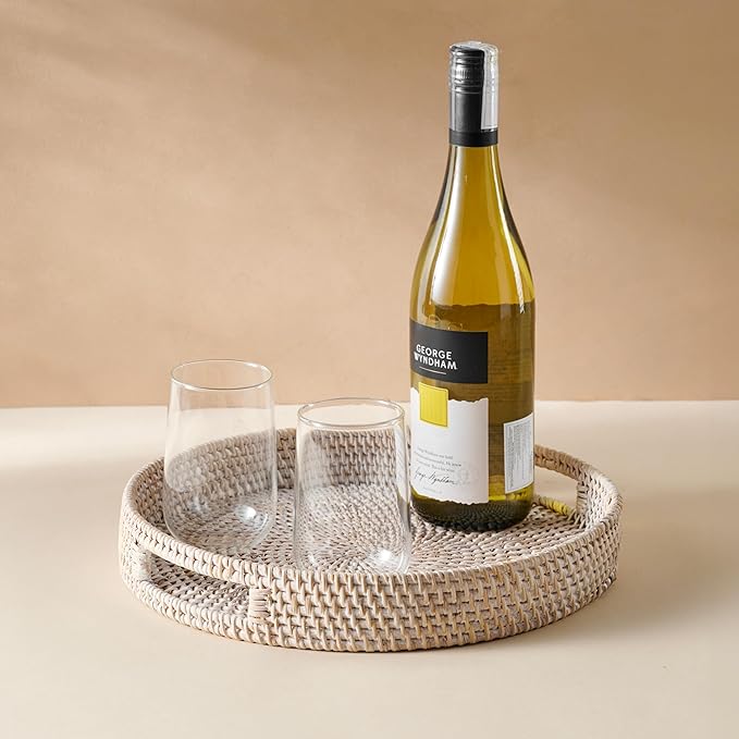 JUNGLE CULTURE Rattan Serving Tray 12" in Whitewash • Woven Serving Trays with Handles for Home • Round Decorative Dining Table Tray • Boho Wicker Serving Basket for Ottoman, Coffee Table, Couch